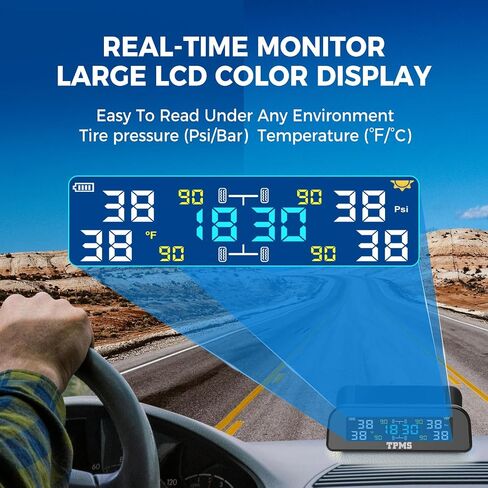 نظام مراقبة ضغط الإطارات TPMS، نظام مراقبة ضغط الإطارات TPMS بالطاقة الشمسية مثبت على درع النافذة مع 4 أجهزة استشعار خارجية 6 أوضاع إنذار عرض في الوقت الحقيقي درجة حرارة الضغط والوقت in Kuwait