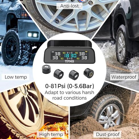 نظام مراقبة ضغط الإطارات TPMS، نظام مراقبة ضغط الإطارات TPMS بالطاقة الشمسية مثبت على درع النافذة مع 4 أجهزة استشعار خارجية 6 أوضاع إنذار عرض في الوقت الحقيقي درجة حرارة الضغط والوقت in Kuwait