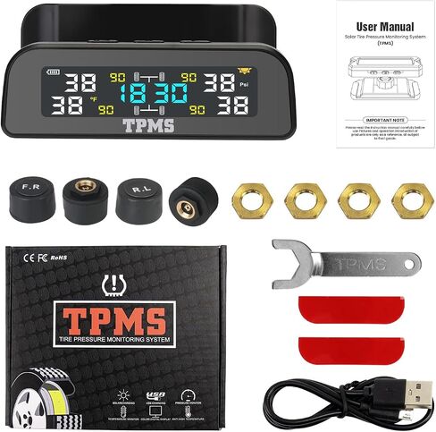 نظام مراقبة ضغط الإطارات TPMS، نظام مراقبة ضغط الإطارات TPMS بالطاقة الشمسية مثبت على درع النافذة مع 4 أجهزة استشعار خارجية 6 أوضاع إنذار عرض في الوقت الحقيقي درجة حرارة الضغط والوقت in Kuwait