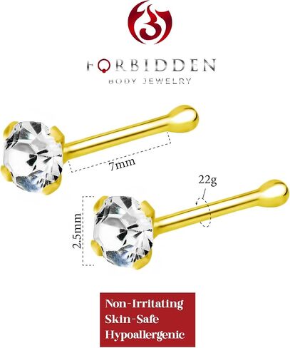 Forbidden Body Jewelry 22g 18k Gold Plated Sterling Silver CZ Simulated Diamond Nose Stud, 2.5mm in Kuwait