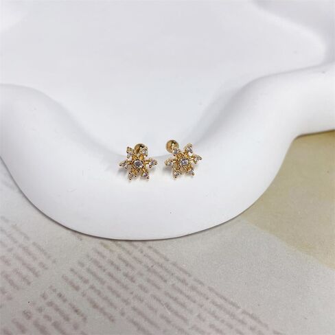 Cute 20g Snowflake CZ Screw Back Small Stud Earrings for Women Dainty Simple Stainless Steel Silver Gold Plated Winter Flower Cartilage Tragus Piercing Little Studs Barbell Hypoallergenic Fashion Jewelry Christmas Gift in Saudi Arabia