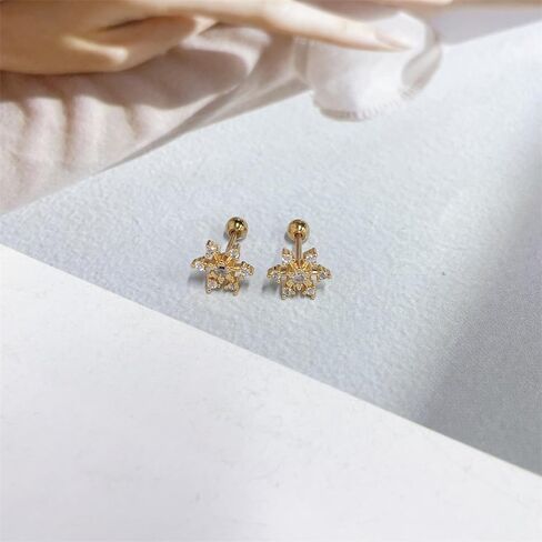 Cute 20g Snowflake CZ Screw Back Small Stud Earrings for Women Dainty Simple Stainless Steel Silver Gold Plated Winter Flower Cartilage Tragus Piercing Little Studs Barbell Hypoallergenic Fashion Jewelry Christmas Gift in Saudi Arabia