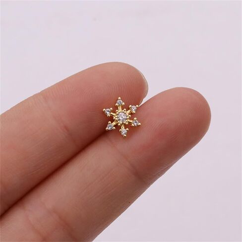 Cute 20g Snowflake CZ Screw Back Small Stud Earrings for Women Dainty Simple Stainless Steel Silver Gold Plated Winter Flower Cartilage Tragus Piercing Little Studs Barbell Hypoallergenic Fashion Jewelry Christmas Gift in Saudi Arabia
