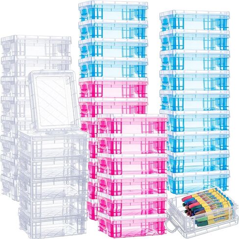 Suzile 40 Pcs Plastic Crayon Boxes Stackable Transparent Crayon Organizer with Lid Crayon Storage Containers Bulk for Office School Classroom Supplies Pen Pencil Art Crafts (Clear, Red, Blue) in Saudi Arabia