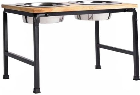 وحدة تغذية من خشب اللحاء والمعدن - وحدة تغذية من خشب المانجو الفاخر مع حامل معدني، وعائين من الفولاذ المقاوم للصدأ للطعام أو الماء، مثالية للكلاب والقطط والحيوانات الأليفة من أي حجم، للمنزل أو المكتب (كبير) in Kuwait