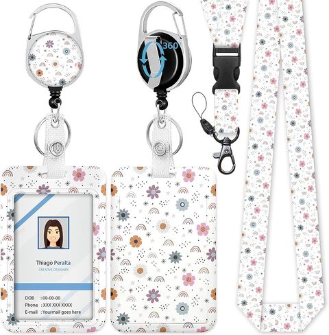 ID Badge Holder with Lanyard, Cute Flower Badge Holders Reels with Detachable Lanyards, Rainbow Work Card Retractable Keychain Vertical ID Card for Nurse Students Teachers Office Staff in Kuwait