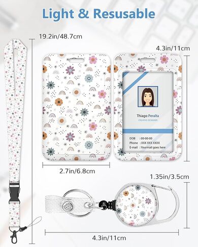 ID Badge Holder with Lanyard, Cute Flower Badge Holders Reels with Detachable Lanyards, Rainbow Work Card Retractable Keychain Vertical ID Card for Nurse Students Teachers Office Staff in Kuwait