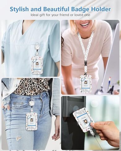 ID Badge Holder with Lanyard, Cute Flower Badge Holders Reels with Detachable Lanyards, Rainbow Work Card Retractable Keychain Vertical ID Card for Nurse Students Teachers Office Staff in Kuwait