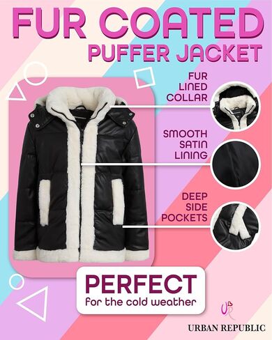 URBAN REPUBLIC Girls Puffer Jacket - Zip Up Coat Puffer Rain Jacket with Faux Fur Trim - Lightweight Jacket for Girls (7-16) in Kuwait