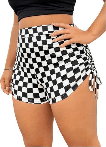 WDIRARA Women's Plus Size Plaid Drawstring Side Shorts Checkered High Waist Shorts in Kuwait