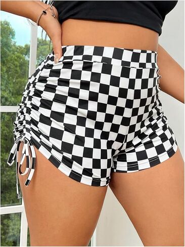 WDIRARA Women's Plus Size Plaid Drawstring Side Shorts Checkered High Waist Shorts in Kuwait