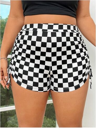 WDIRARA Women's Plus Size Plaid Drawstring Side Shorts Checkered High Waist Shorts in Kuwait