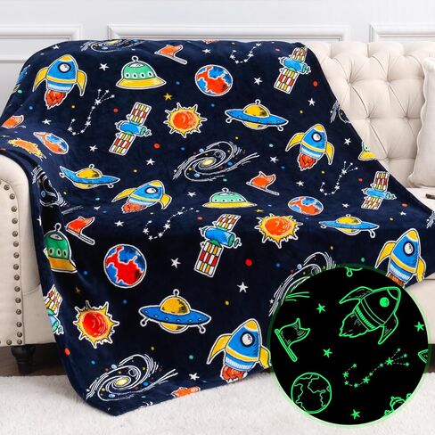 Space Toys Gifts for Boys Girls - Glow in The Dark Galaxy Blanket Christmas Birthday Valentine's Day Easter Present for Kids Age 1 2 3 4 5 6 7 8 9 10 Year Old Child Star Planet Spaceship Throw 50"x60" in Saudi Arabia