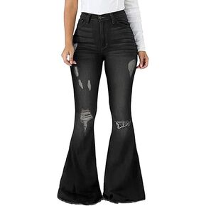 Bell Bottom Jeans for Women Vintage High Waisted Ripped Hole Raw Hem Denim Flare Jeans Pants