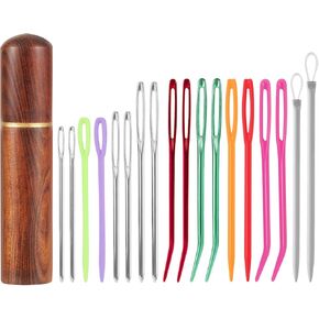 19pcs Sewing Needles Kit, Steel & Plastic Large Eye Blunt Embroidery Needles Big Eye Straight & Bent Tapestry Wool Darning Hand Yarn Weaving Needle with Wooden Case for Knitting Crochet Project