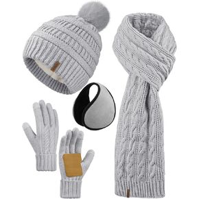Aneco 4-in-1 Women Winter Beanie Hat Scarf Touchscreen Gloves Ear Warmer Set Fleece Lined Warm Knit Skull Cap with Pom Pom