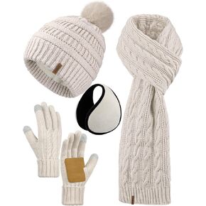 Aneco 4-in-1 Women Winter Beanie Hat Scarf Touchscreen Gloves Ear Warmer Set Fleece Lined Warm Knit Skull Cap with Pom Pom