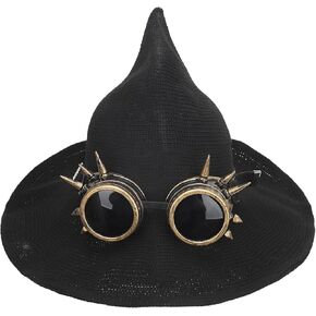 Halloween Steampunk Witch Hat Wool Knitted Wizard Hat with Gothic Gears & Removable Goggles Cosplay Costume Accessory