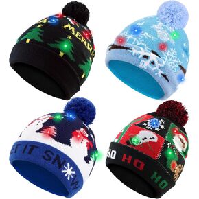 4 Pack LED Light up Christmas Beanie Hats Xmas Knitted Hat Unisex Winter Hat Flashing Cap, Christmas Party Supplies