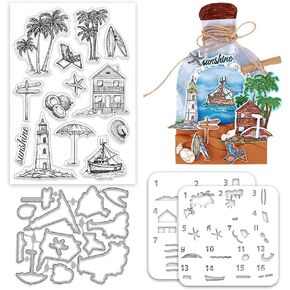 INFUNLY Summer Beach Clear Stamp and Metal Die Cut Set Ocean Theme Transparent Seals for Card Making Layered Color Coating Stencils Coconuts Trees Lighthouse Boats Stamps and Dies for DIY Scrapbooking