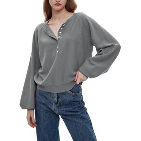 Ladyful Women's Long Sleeve Henley Sweatshirt Button Up V Neck Sweater Loose Cropped Casual Pullover Tops