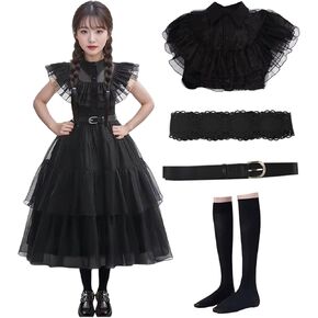 Moalioi Womens Halloween Costume Dress Addams Cosplay Dress Adult Black Dress Halloween Cosplay Outfit Suit