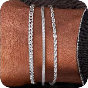 3 Pcs Stackable Braclet for Men, Dainty Sterling Silver Chain Bracelet for Men Non Tanish Simple Cuban Snake Rope Link Chain Bracelet Set for Mens Jewelry 6.5/7/7.5/8/8.5/9 Inches
