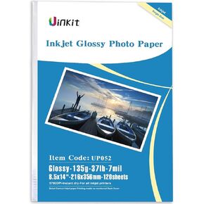 Uinkit 120sheets Thin Glossy Paper 8.5x14 Inches Legal Size 135gsm 37lb Inkjet Single Side DIY Chip Bags Printer Paper for Picture Brochure Flyer Compatible with Inkjet Printer Use DYE INK