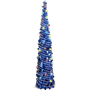 Christmas Tree with String Light, 5FT Pop Up Pencil Tinsel Xmas Tree with 6m 40LED Multi-Coloured String Lights, Battery Powered for Holiday Home Party Decoration, Winter Xmas Decoration (Silver)