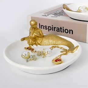 صينية مجوهرات Warmtree طبق على شكل حلقة حورية البحر، طبق حلية على شكل وعاء صغير للمفاتيح، ملحقات زينة لطيفة لتزيين المنزل وهدايا عيد الميلاد (حورية البحر الذهبية) in Kuwait