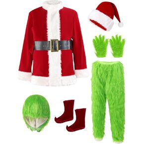 Buheco Christmas Costume for Men 7PCS Deluxe Adult Santa Outfit Suit Furry Professional Xmas Halloween Monster Cosplay Adults