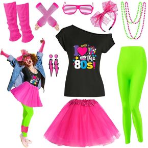 Xintorch 80s Outfit Women Costume Accessories Set T Shirt Leggings Tutu Skirt Neno Party Leg Warmers Headband