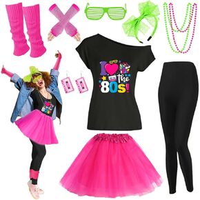Xintorch 80s Outfit Women Costume Accessories Set T Shirt Leggings Tutu Skirt Neno Party Leg Warmers Headband