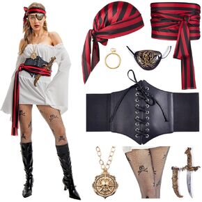 Halloween Costumes Woman -[8 in 1 Pack] Pirate Costume Set for Women with Pirate Accessories [Pirate Corset]