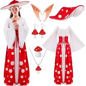 Jiuguva 6 Pcs Halloween Mushroom Costume Medieval Mushroom Dress Hat Necklace Dangle Earrings Elf Ears Mushroom Resin Decor