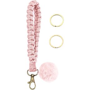Wristlet Keychain Woven Wrist Lanyard for Keys, Key Chain with 2 Key Rings for Women Car Keys ID Badges - Pink