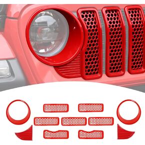 for 2024 Jeep JL Grille Inserts Red, JLU Headlights Bezel Cover Trim Fit for 2024 Jeep Wrangler JL JLU Gladiator JT Red Exterior Accessories 11pcs