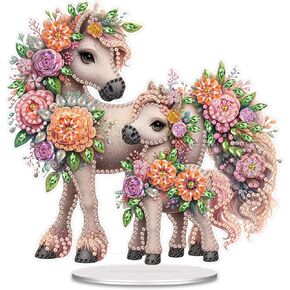Cute Horse with Flowers Diamond Art Ornament Kit, Acrylic Special Shaped 5D DIY Crystal Animal Diamond Painting Desktop Ornament Home Decor for Kids and Adult (LL020)