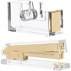 Staple & Stick Office Supplies Designer - Acrylic Lucite Silver Stapler and Tape Dispenser Gift Set - Elegant Chic Office Supplies