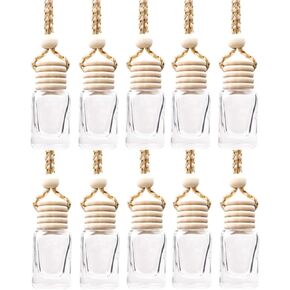 10 Pcs 8ml Hanging Car Air Freshener,Empty Clear Glass Cylindrical Essential Oil Diffuser Perfume Aromatherapy Pendant Bottle Vials With Wooden Caps & Hanging String-FREE 1 Funnel&Dropper