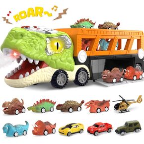 SpringFlower 11 in 1 Dinosaur Toys, Dinosaur Toys for Kids 3-5, Dinosaur Truck with 10 Pull Back Cars, Toddler Boy Toys Age 3 4 5, Boy Birthday Gifts with Sounds & Lights & Spray