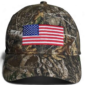 Realtree Camo Mesh Back Trucker Hat with Embroidered American Flag, Snapback, Precurved, Camo Meshback, Moisture Wicking Sweatband, R E A L T R E E Back Embroidery