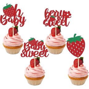 Oh Baby Cupcake Toppers - 36PCS Glitter Strawberry Shortcake Decorations for Baby Shower Cupcake Decor