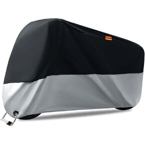 Motorcycle Cover - All Season Waterproof Sun Outdoor Protection Night Reflective with Lock-Holes & Storage Bag Fits up to 108" Motorcycles Bike Scooter(210D-4XL,Black& Sliver)