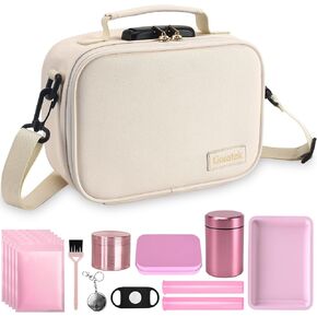 PU Leather Smell Proof Bag Kit with 10 Small Accessories, Portable Smell Proof Box Case with Lock and Great Gift for Women, Childproof Organization Container Box 9 X 6 X 4 Inches (Beige)