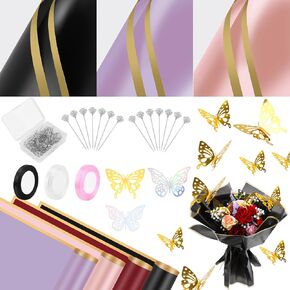 243Pcs Flower Bouquet Wrapping Paper, Waterproof 60 Floral Wrapping Paper, 60 Butterfly Decorations, 100 Flower Pins and 3 Ribbons, Wedding Birthday Gift Box Packaging DIY Bouquets Florist Supplies