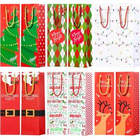 InozoDesign 12Pce Christmas Gift Bags with Handle Name Tags Wine Bags with 6 Xmas-themed Designs Gift Wrap for Christmas Wedding Holiday Birthday Party Supplies