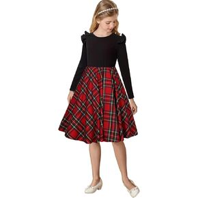 21KIDS Girls Buffalo Check Plaid Dress Kids Ruffle Long Sleeve Christmas Midi Dresses with Pockets for Girls 6-12 Years