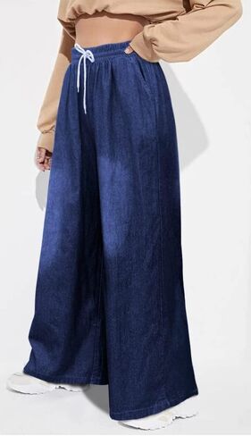 بنطال جينز نسائي واسع الساق من UQJE من قماش الدنيم الفضفاض بخصر عالٍ مع جيوب in Kuwait