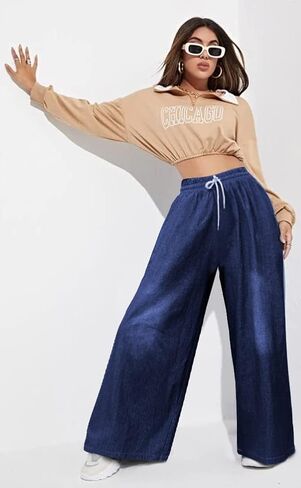 بنطال جينز نسائي واسع الساق من UQJE من قماش الدنيم الفضفاض بخصر عالٍ مع جيوب in Kuwait